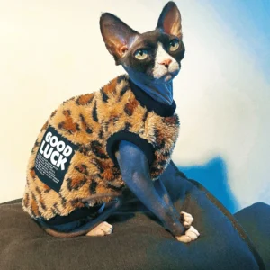Brown Leopard Polar Fleece Sweater for Sphynx Cat Winter Warm Vest for Kittens Short Sleeves Thick Coat for Devon Rex in Autumn