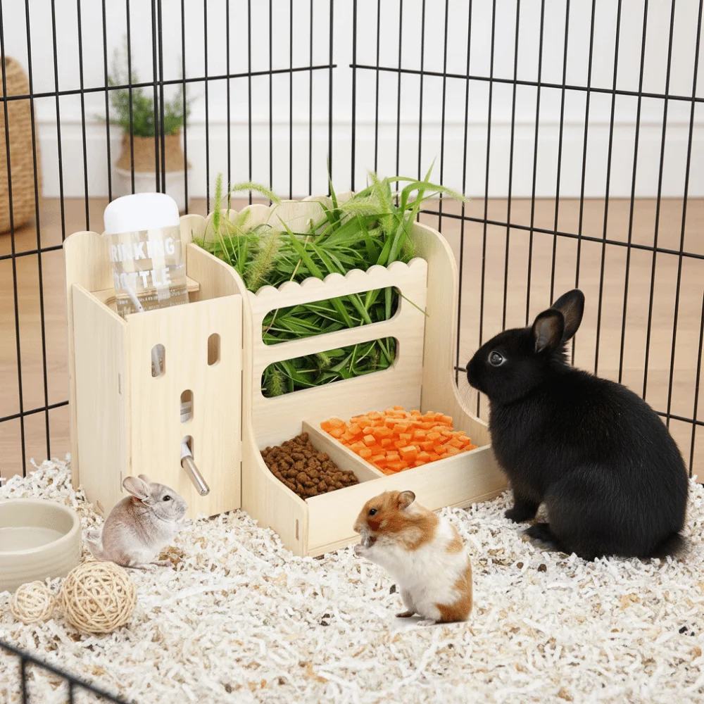 2 in 1 Rabbit Hay Feeder Bite Resistant with Bottle Wooden Grass Dispenser Detachable Guinea Pig Feeder Cage Accessories - Image 2