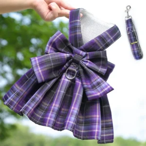 New Adjustable Dog Dress Set Mesh Breathable Sweet Bow Plaid Harnesses with Traction Rope Comfortable Dog Harness Pet Supplies