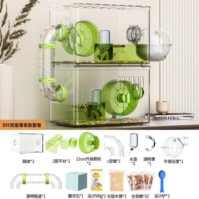 Hamster cage luxury villa golden bear special large space second floor acrylic transparent nest double platform - Image 6