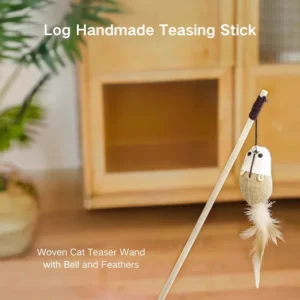 Cat Teaser Wand with Little Mouse Toy – Natural Wood Stick, Linen Mouse Body, Real Feathers & Jingle Bell for Interactive Play