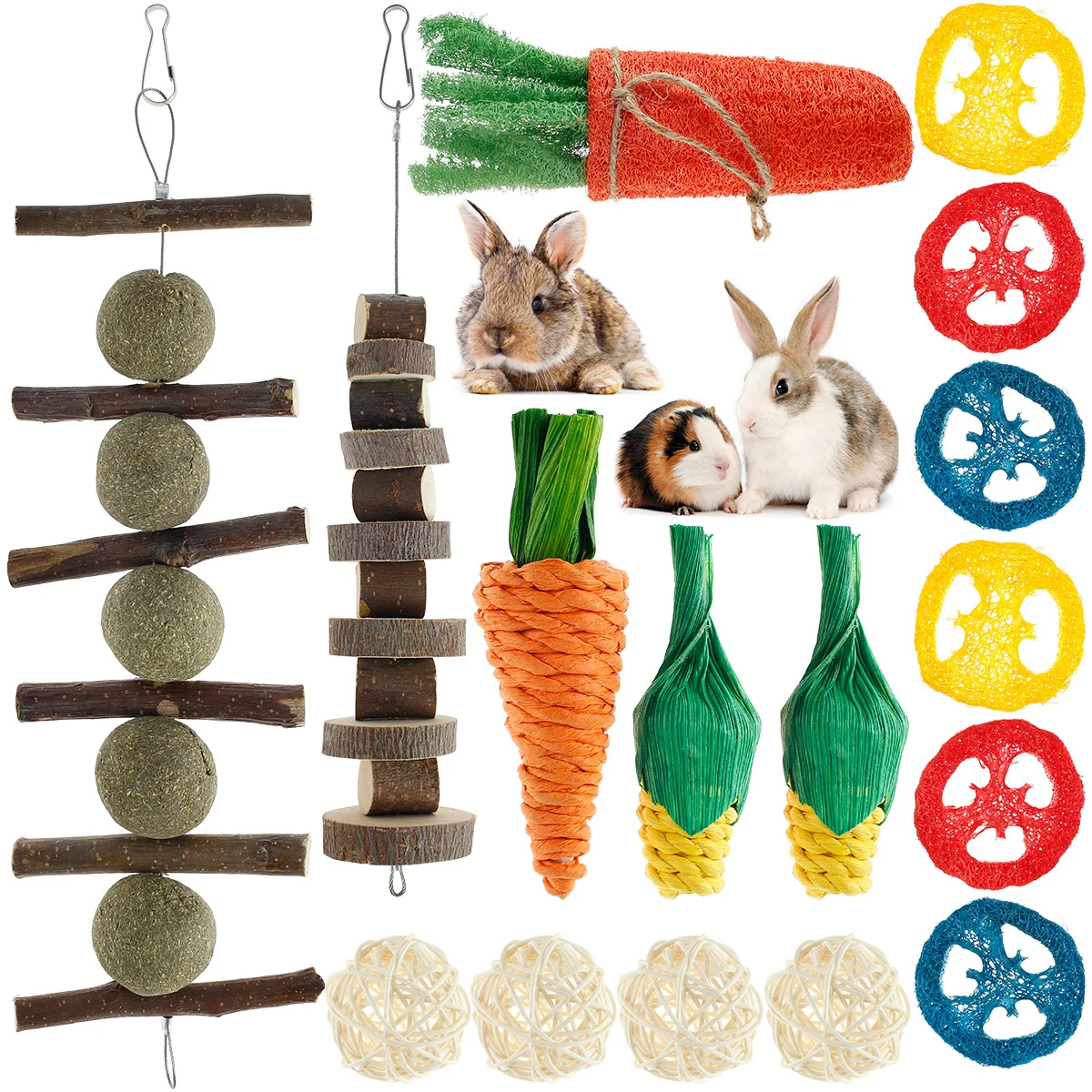 16pcs Small Animal Chew Toys Bundle For Rabbit Bunny Hamster Guinea Chinchillas Tooth Cleaning Molar Grinding Toys Pet Accessori