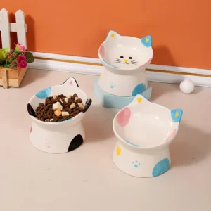 1PC Elevated Cat Food Dish, Ceramic, Raised Feeding Station, Shallow for Whiskers, Dishwasher Safe