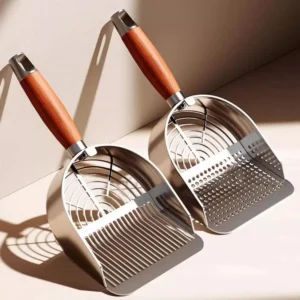 Stainless Steel Cat Litter Shovel Anti-slip Fine Mesh Cat Poop Scooper Durable with Wooden Handle Cat Poop Cleaning Tools