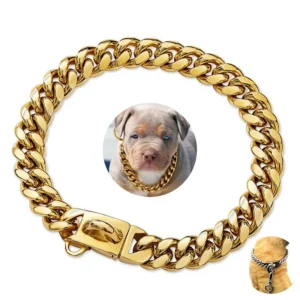 1pc Metal Dog Collar Stainless Steel Pet Choker Gold Cuban Link Chain 14mm Wide Lead for Small Medium Large Dogs Pet Accessories