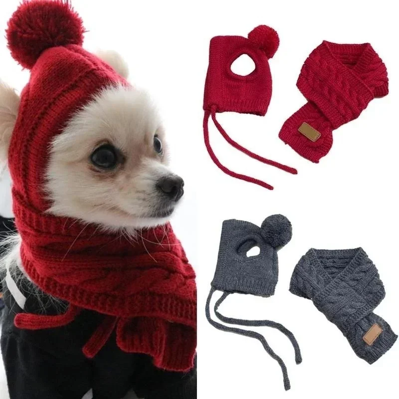 Hat for Dogs Winter Warm Stripes Knitted Hat+Scarf Collar Puppy Teddy Costume Christmas Clothes Santa Dog Costume
