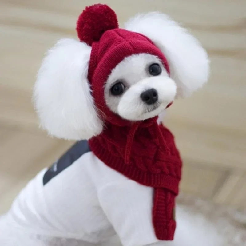 Hat for Dogs Winter Warm Stripes Knitted Hat+Scarf Collar Puppy Teddy Costume Christmas Clothes Santa Dog Costume - Image 2