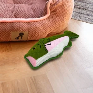 Trout dog toy, chew-resistant rating 4, suitable for pet-owning families.