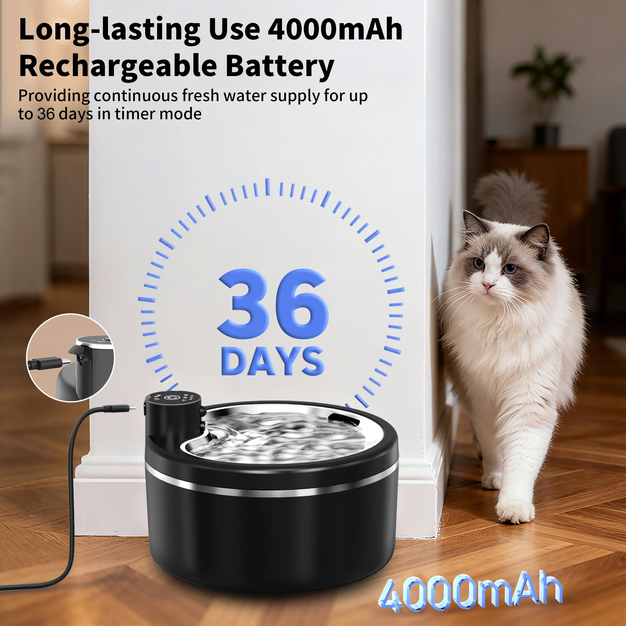 Wireless Cat Water Fountain Smart Sensor 304 Stainless Steel Automatic Circ Filtration With Level Check Mute Cats Water Drinker