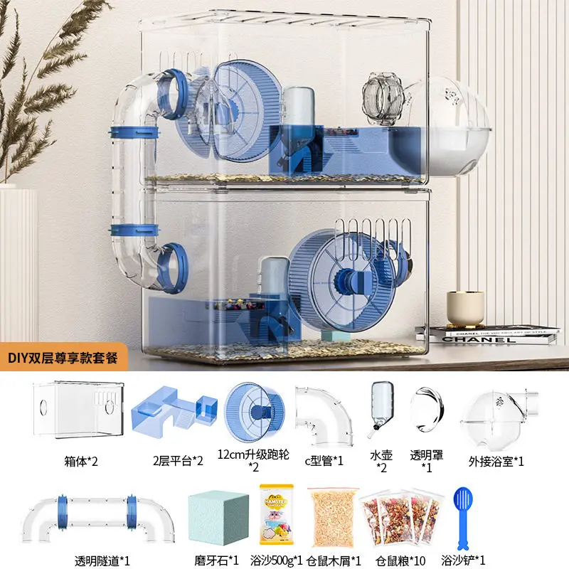 Hamster cage luxury villa golden bear special large space second floor acrylic transparent nest double platform - Image 7