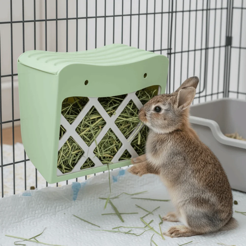 Hanging Rabbit Hay Feeder Anti-tipping Large Capacity Rabbit Grass Rack with Lid Fixed Bunny Food Feeder Hamster Cage