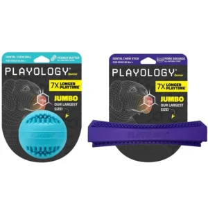 Dental Bundle for Senior Dogs Jumbo Peanut Butter Chew Stick and Pork Sausage Chew Ball Gentle on Gums and Made from Non Toxic