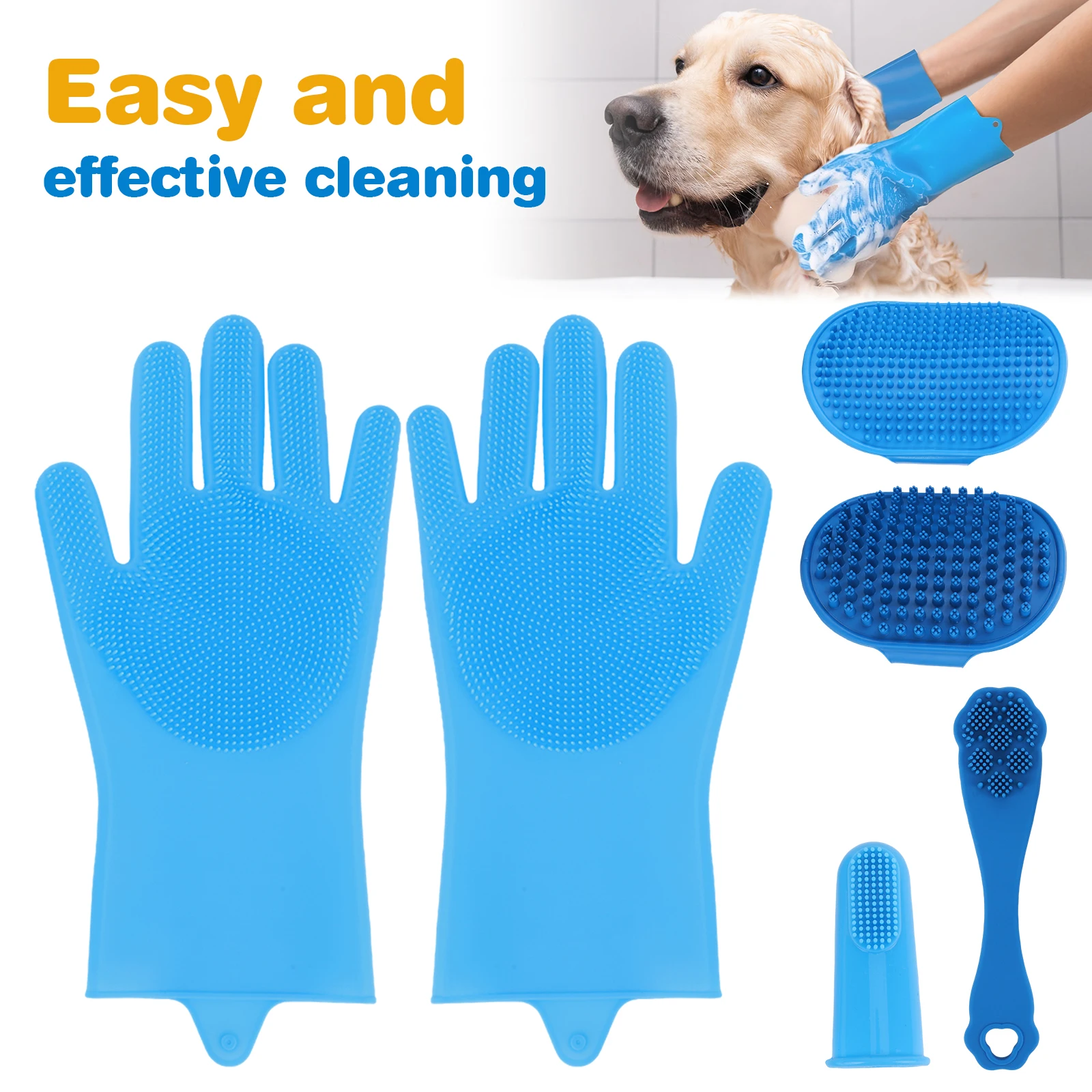 6PCS Pet Grooming Kit Silicone Dog Toothbrush Finger Dog Bath Gloves Dog Shampoo Brush Pet Grooming Gloves Dog Cat Bath Supplies