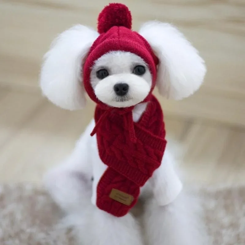 Hat for Dogs Winter Warm Stripes Knitted Hat+Scarf Collar Puppy Teddy Costume Christmas Clothes Santa Dog Costume - Image 8