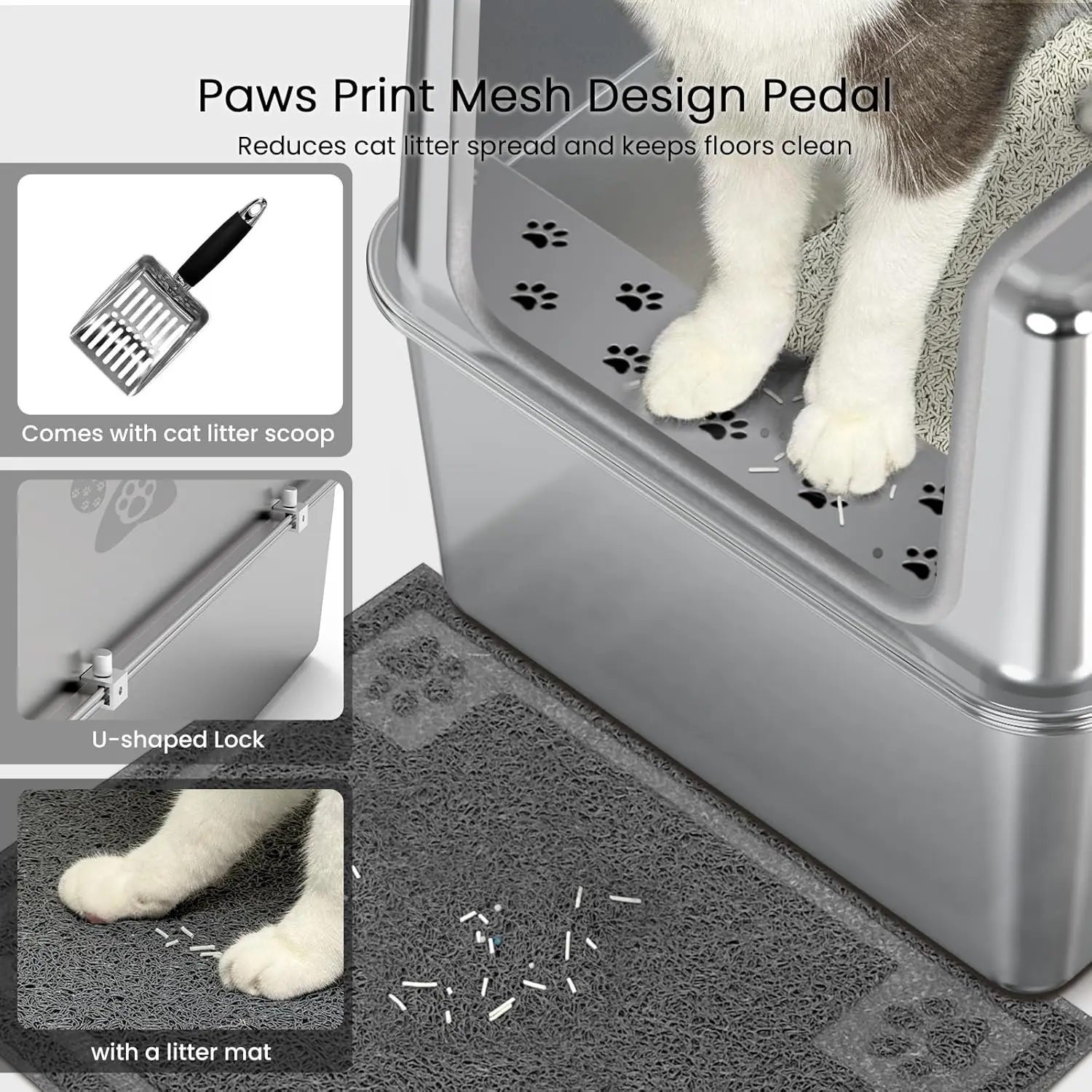 XL Stainless Steel Cat Litter Box with Lid, High Sides, Non-Stick & Leakproof Design, Includes Mat & Scoop - Image 5