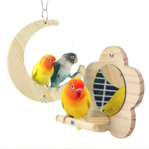 Bird Mirror Wooden Interactive Play Toy With Perch For Small Parrot Budgies Parakeet Cockatiel Conure Lovebird Cage Accessories