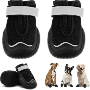 4Pcs, Dog Boots Breathable Dog Shoes Dog Booties with Reflective Straps, Anti-Slip Sole and Skid-Proof dog shoes