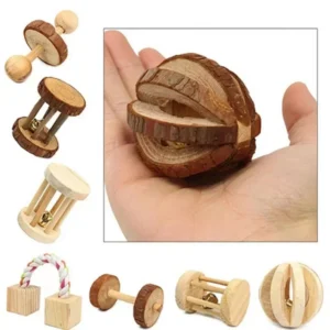 Cute Rabbit Roller Toys Natural Wooden Pine Dumbells Unicycle Bell Chew Toys for Guinea Pigs Rat Small Pet Molars Supplies New