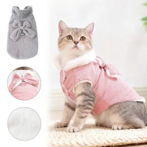 Winter Pet Clothes Cozy Thicken Fleece Solid Kitten Sweater For Small Cats Dogs Cute Bow Jacket Coat With D-Ring Sphynx Costume
