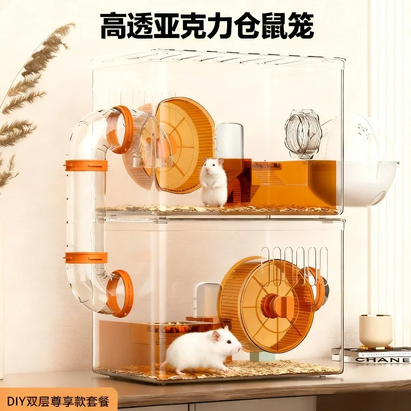 Hamster cage luxury villa golden bear special large space second floor acrylic transparent nest double platform - Image 2