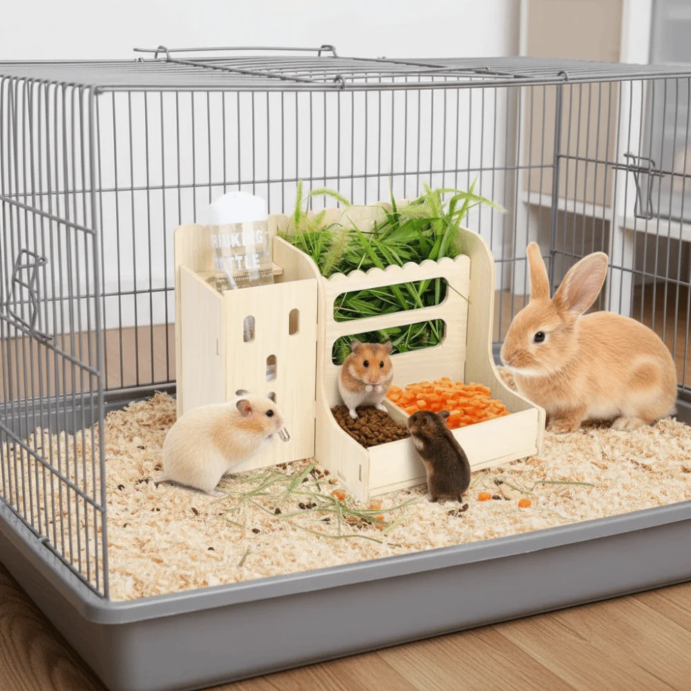 2 in 1 Rabbit Hay Feeder Bite Resistant with Bottle Wooden Grass Dispenser Detachable Guinea Pig Feeder Cage Accessories - Image 5
