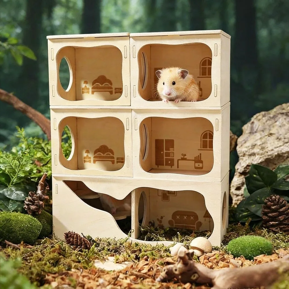 Climbing Structure Wooden Hamster House Chew-Proof Stackable Hamster Villa Detachable Hamster Wooden Hut Exercise - Image 4