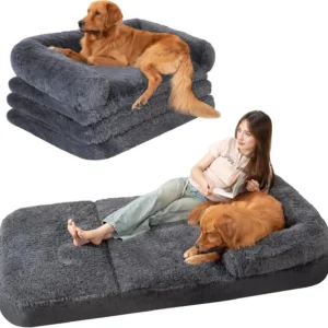 Foldable Human Dog Sofa Bed, 73x42x10 in Faux Fur Orthopedic Pet Bed with Egg Foam Mattress, Portable Dog Bed for Adults