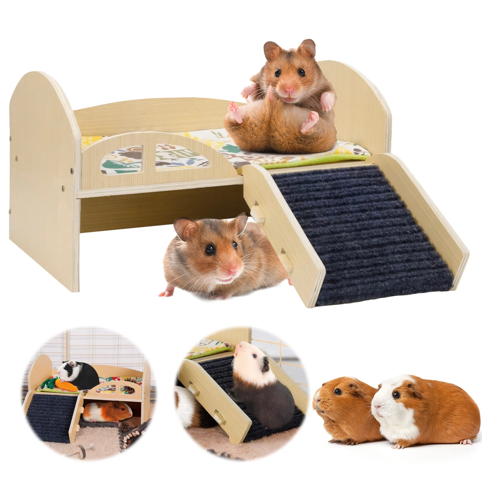 Guinea Hideout Platform with Stable Stairs & Mat Wood Pet Toy Bed Multi-Level Guinea Pig Castle for Hamsters Bunny Chinchillas - Image 5
