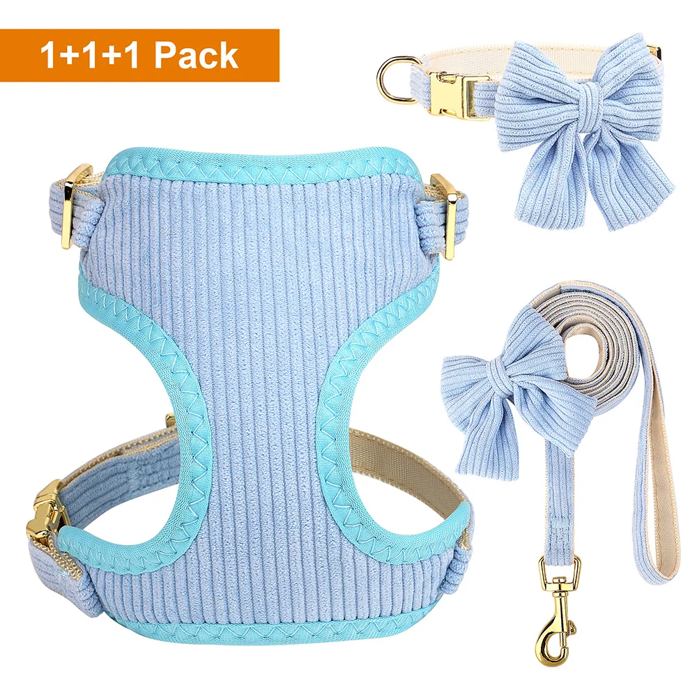 3PCS Dog Collar Harness Leash Set Breathable Dog Harnesses Soft Velvet Puppy Necklace With Bowknot Pet Walking Rope For Dogs Pug - Image 11