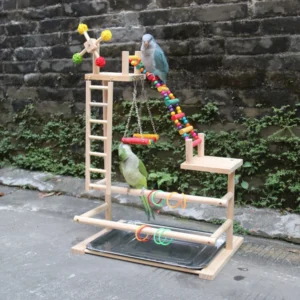 Bird Perch Playground Wooden Pet Exercise Gym Stand with Ladder Swings and Windmill Toys For Parakeets Cockatoos Lovebirds