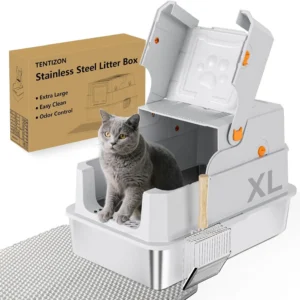 Stainless Steel Covered Cat Litter Box with Lid, High Sides, Mat & Scoop - Odor Control, Easy Clean for Large Cats