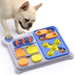 Smart slow-feed pet feeder toy for dogs and cats, great for training and entertaining indoor pets.