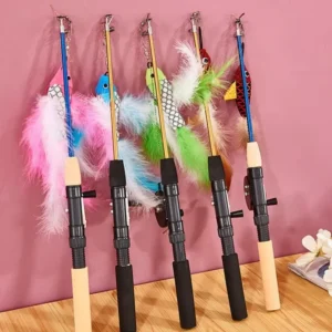 Interactive Cat Teaser Toy Stick Feather Wand with Telescopic Fishing Rod Fish-shaped Design Random Color for Kitten