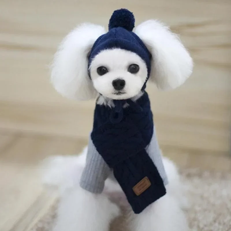 Hat for Dogs Winter Warm Stripes Knitted Hat+Scarf Collar Puppy Teddy Costume Christmas Clothes Santa Dog Costume - Image 7