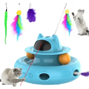 4 in 1 Cat Interactive Toy Feather Stick Laser Trackball Retractable Feather Indoor Toy for Cats Teaser Rotating Toy