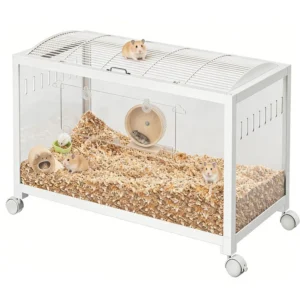 Hamster Cage with Wheels,Metal & Acrylic Habitat for Hamster,Guinea Pig,Gerbil,Mice,Chew-Proof, Dual Doors, Easy Clean