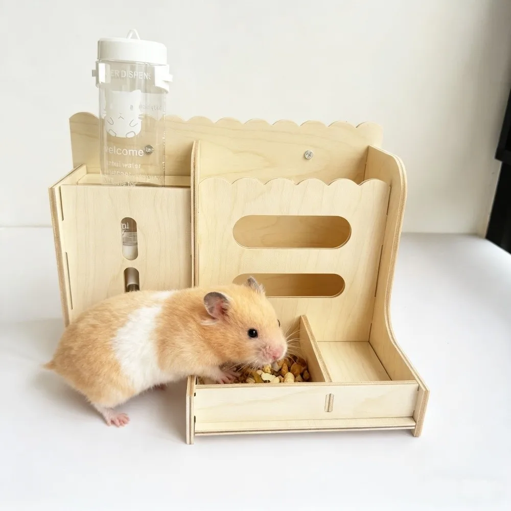 2 in 1 Rabbit Hay Feeder Bite Resistant with Bottle Wooden Grass Dispenser Detachable Guinea Pig Feeder Cage Accessories
