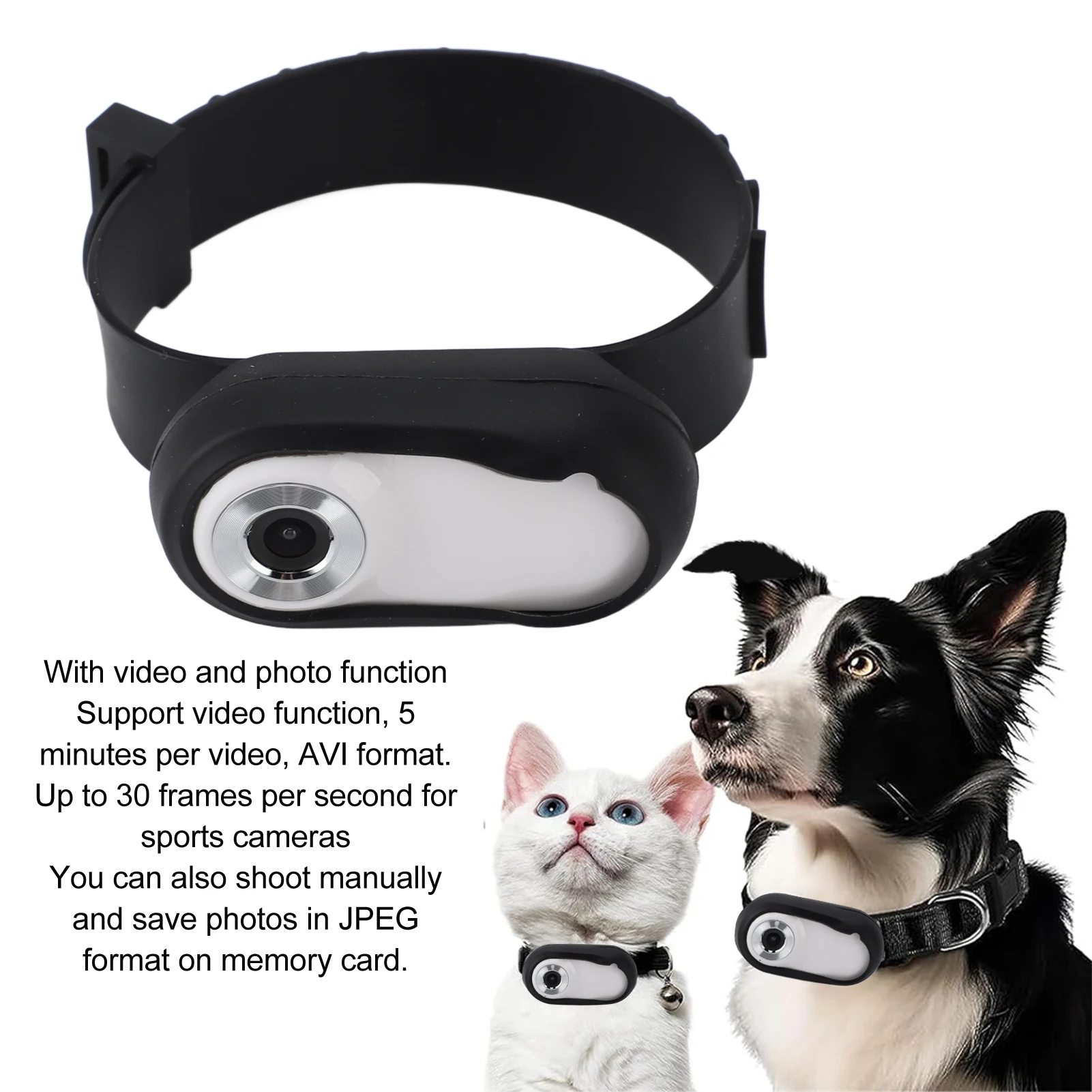Pet Action Camera 170° Wide-Angle Pet Collar Camera Full HD 1080P Supports Memory Cards USB Rechargeable Portable For Dogs