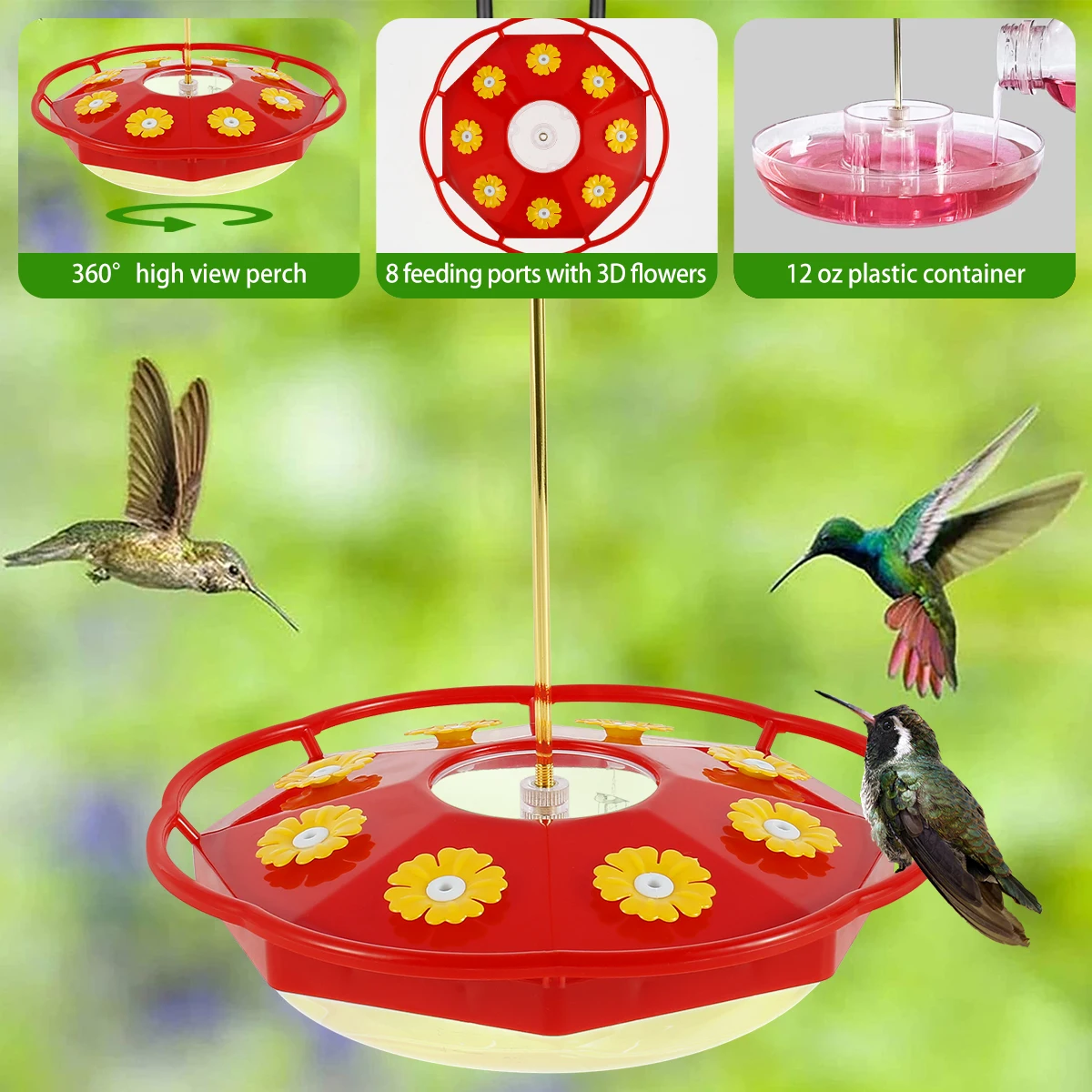 Hummingbird Feeder Hanging Bird Feeder Pendant with 8 Feeding Ports Ant and Bee Proof Hummingbird Feeder Decorative Floral Shape - Image 2