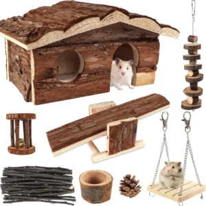 Hamster-Chew-Toys Pet Activity Structure, 17 Pack Wooden Accessories with House, Food Bowl, Activity Toys for Mouse, Rat
