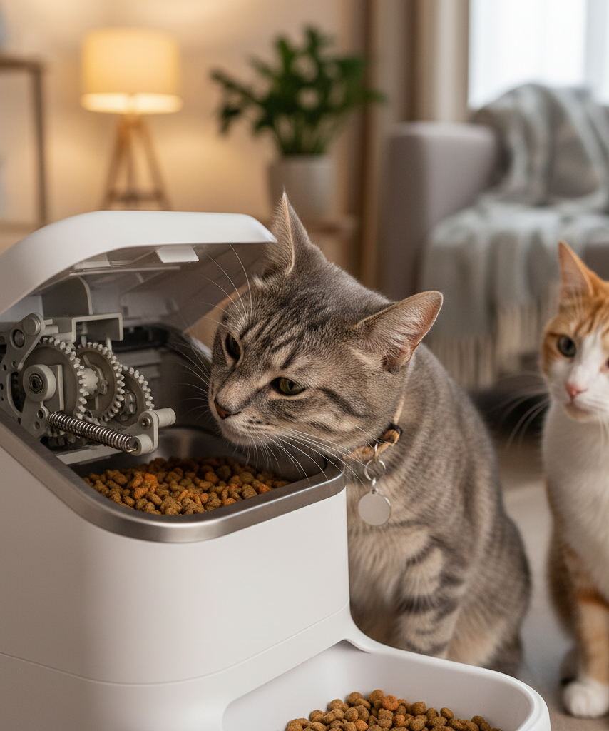 RFID cat feeder opening for one cat while another watches nearby