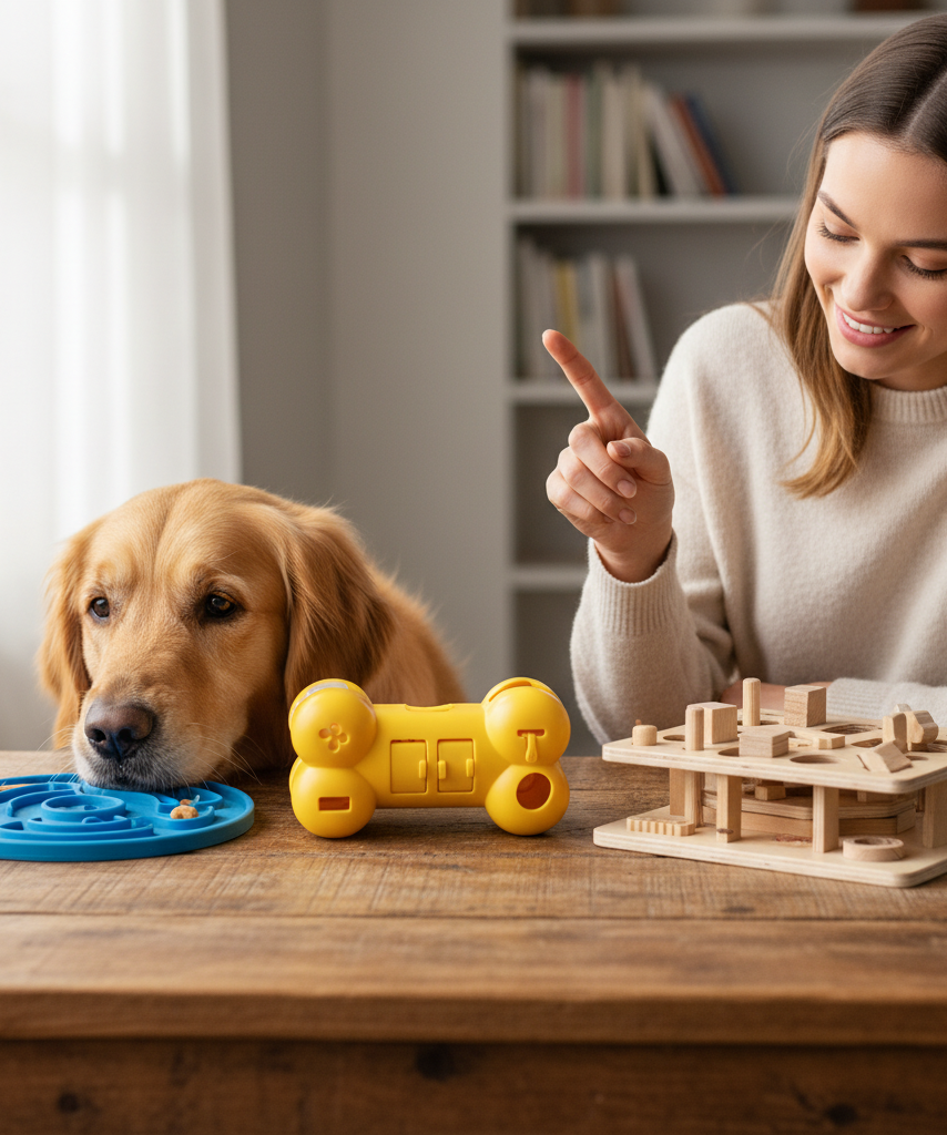 Dog owner comparing beginner, intermediate, and advanced puzzle toys