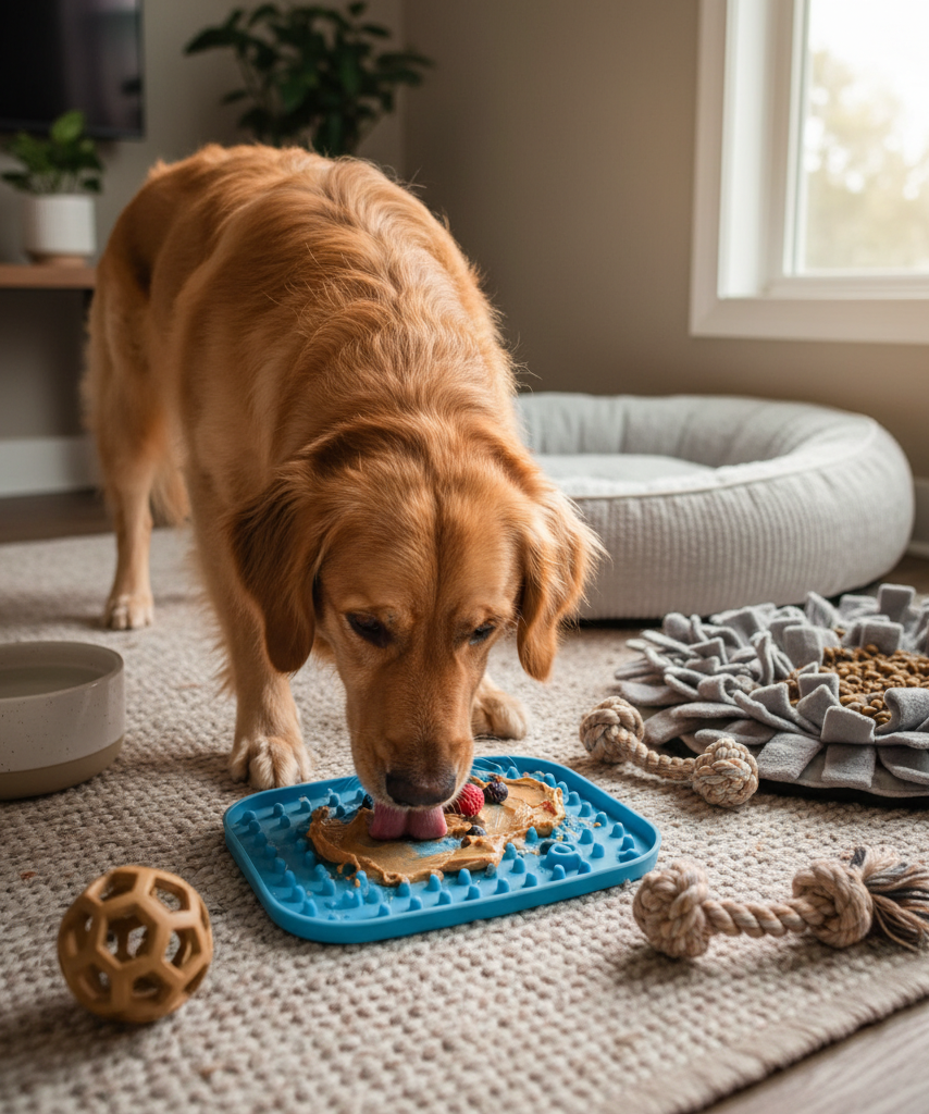 Dog using enrichment toys and lick mat