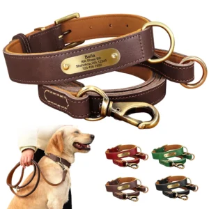 Personalized Real Leather Dog Collar Leash Durable Pet Dogs Collars Walking Lead Rope Free Engraved for Small Medium Large Dogs