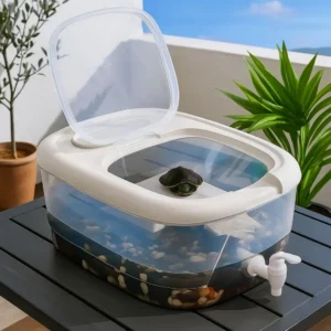 Large Space Turtle Tank with Drain Valve Transparent Ecological Fish Tank with Sunbathing Platform Turtle Feeding Box Breeding