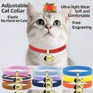 Free Customized Cat Collar Cute Fish Metal Necklace Pet ID Name Tag Personalized GPS Tracker Kitten Dog Breakaway Elastic Collar