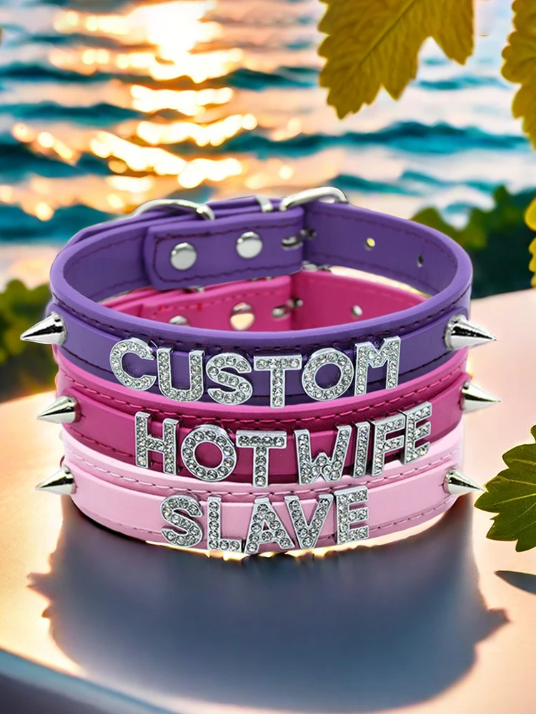 Rhinestone Leather Collar with Rivet Customized Letters Punk Sexy Choker Necklace Cosplay Jewelry for Men Women - Image 3