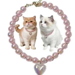 Pink Color Beads Cat Collar Pet Pearl Shape Necklace Dog Callar Jewerly Heart Charm Love Pendant Pet Products Cat Birthday Gift