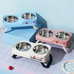 Stainless steel double-bowl elevated pet feeding bowl with non-slip foldable stand suitable for small to medium dogs and cats