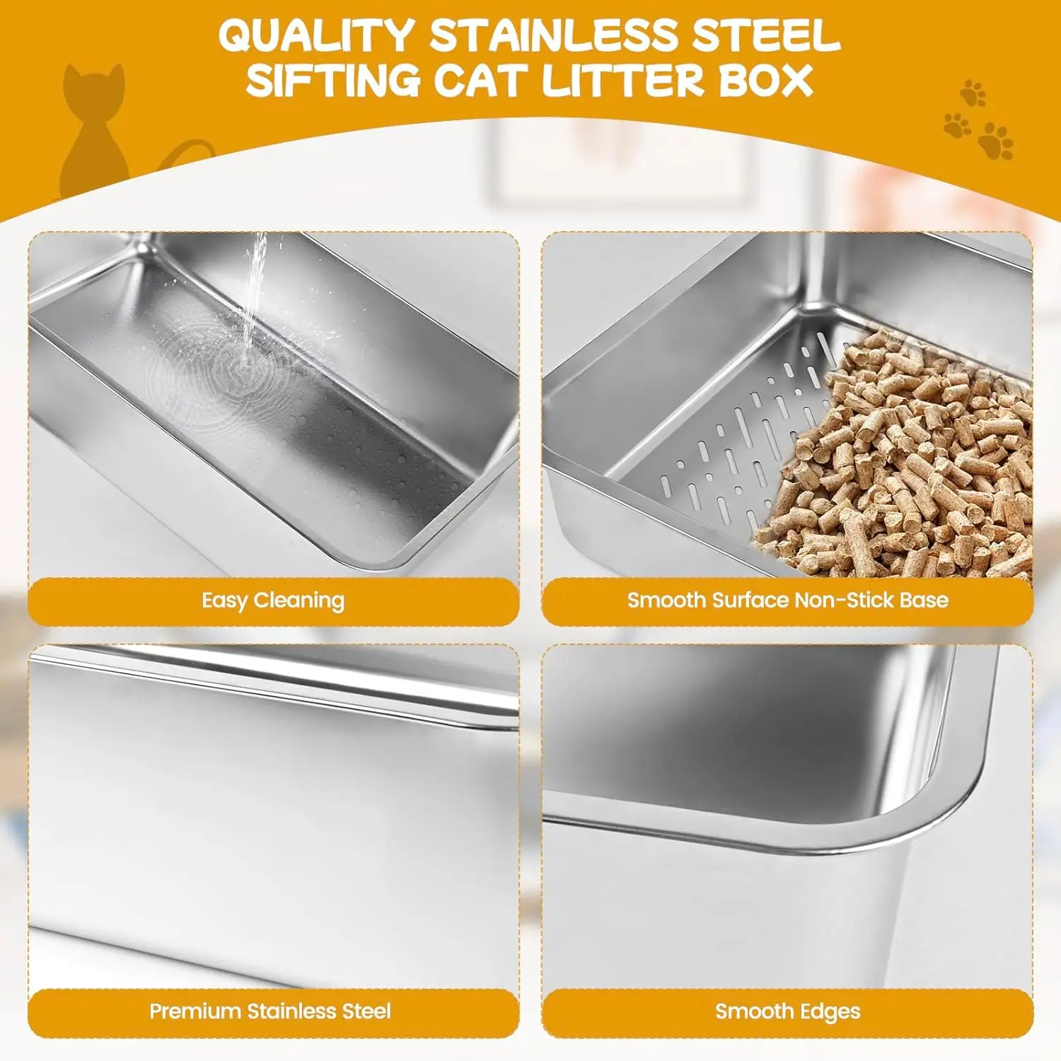 XL Stainless Steel Sifting Litter Box for Pine Pellets, Easy Clean with Scoop and Pad, Indoor Cat Tray - Image 6